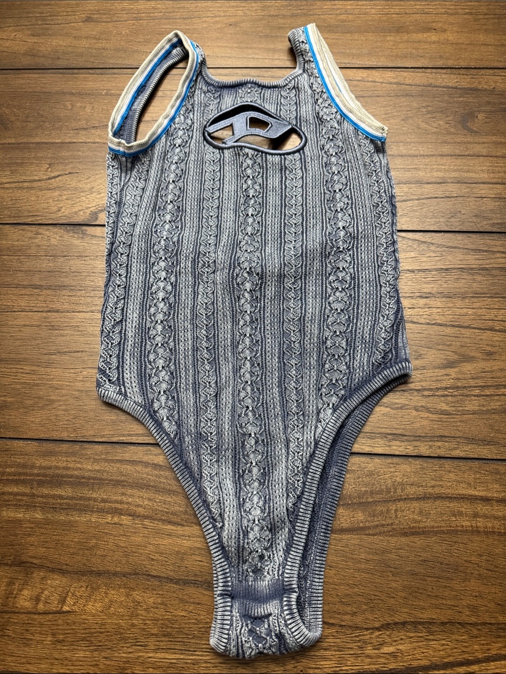 Diesel Gray Knit One-Piece Swimsuit with Blue Trim